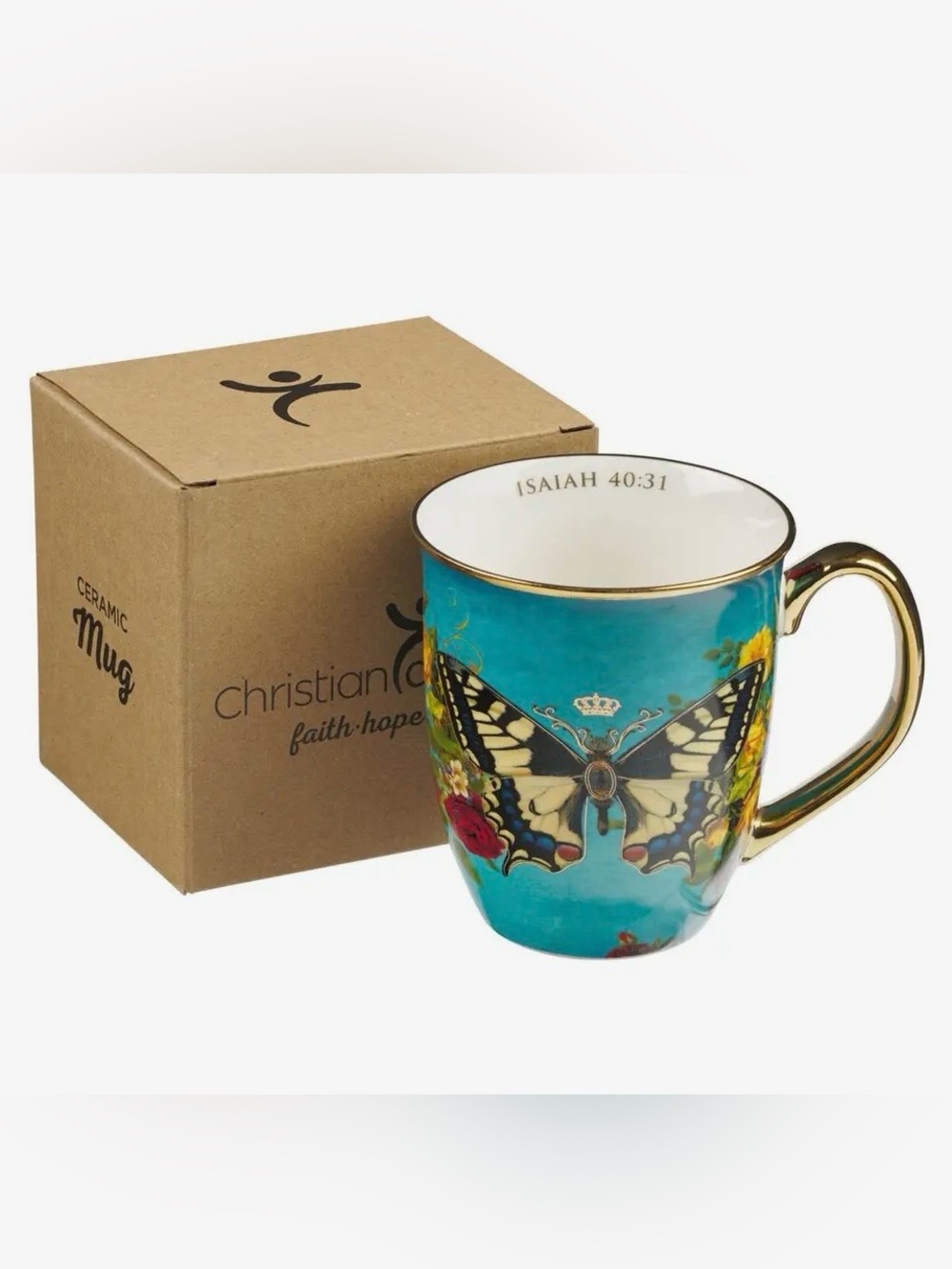 1275.  Hope Turquoise Butterfly Accent Mug with Gold Handle - Picture 3 of 3
